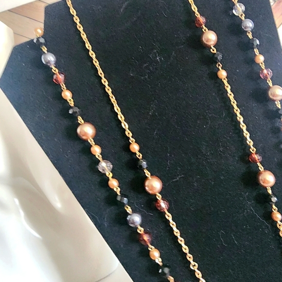 Double Strand Gold Chain Necklace with Crystals and Faux Pearls  New - Picture 5 of 7